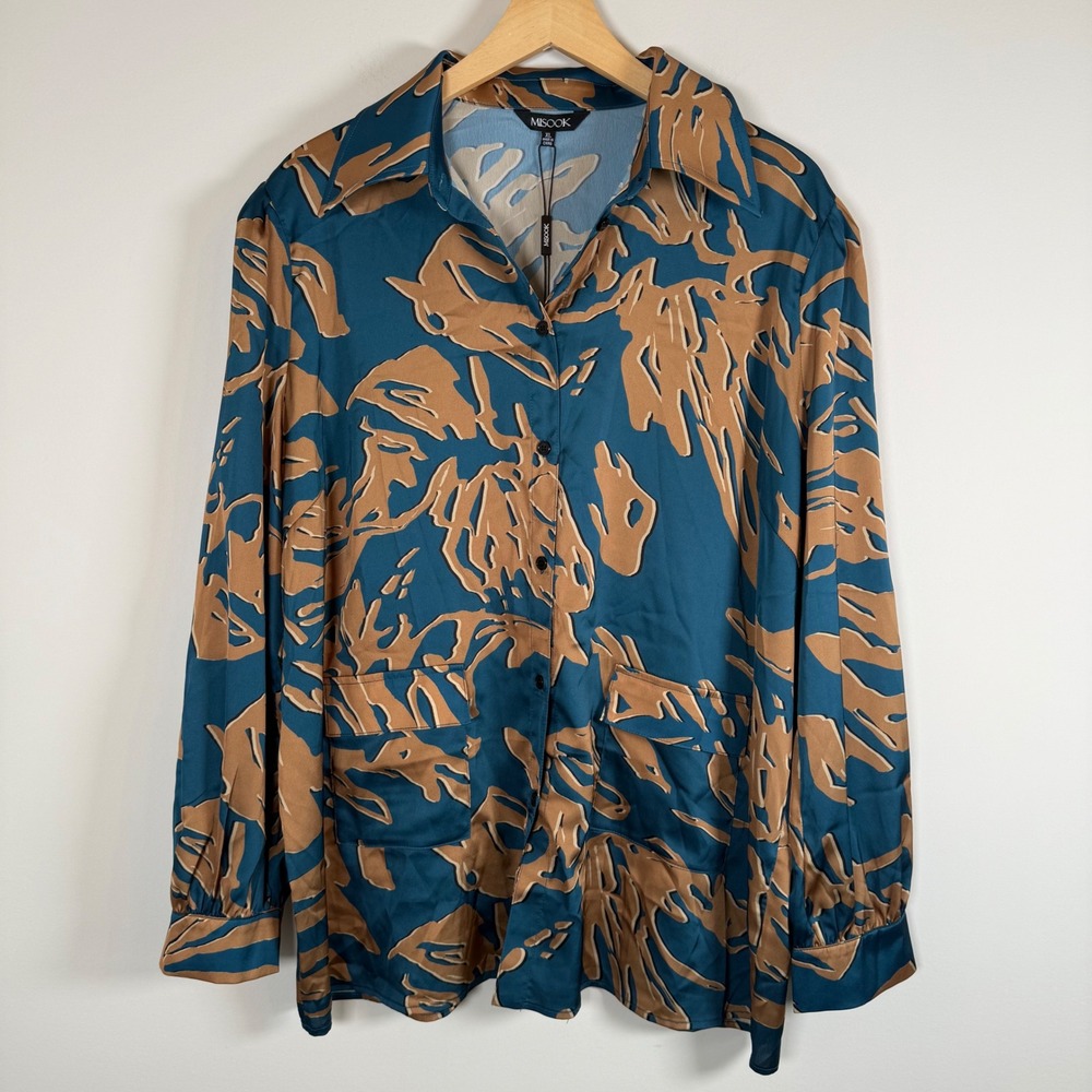 NEW Misook Abstract Print Button Up Shirt Top Blouse Size XL Teal Blue Tan NWT